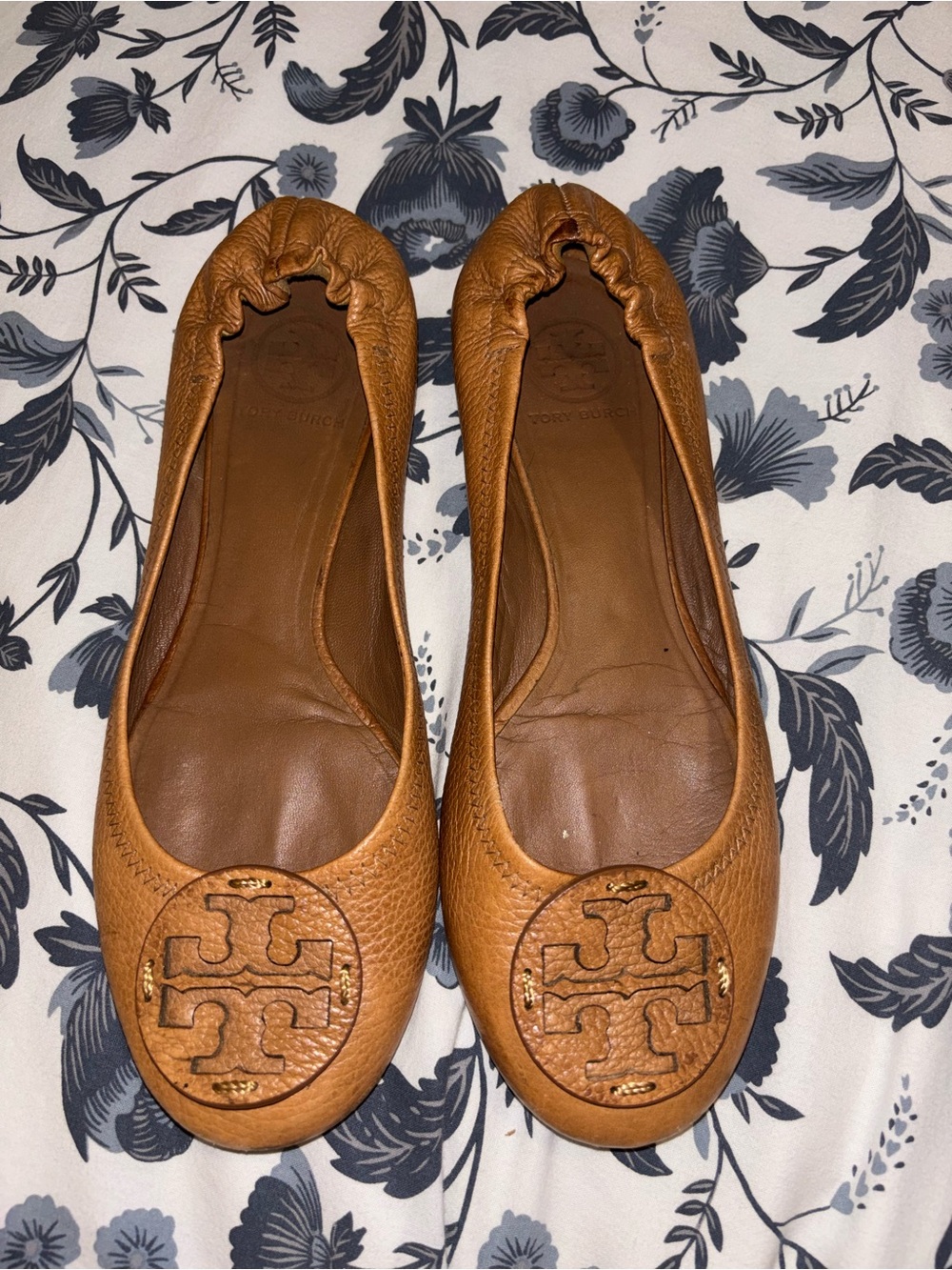 Tory Burch Cognac Leather Logo Ballet Flats
